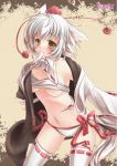  1girl animal_ears bare_shoulders breasts detached_sleeves inubashiri_momiji panties short_hair side-tie_panties silver_hair smile solo tail thigh-highs thighhighs touhou underwear undressing white_legwear white_panties wolf_ears wolf_tail 