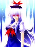  angry blue_hair breasts cleavage dress engo_(aquawatery) glowing glowing_eyes hat highres kamishirasawa_keine long_hair red_eyes solo touhou 