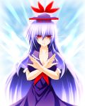  angry blue_hair breasts cleavage dress engo_(aquawatery) glowing glowing_eyes hat highres kamishirasawa_keine long_hair red_eyes slit_pupils solo touhou 