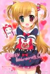  :d absurdres bow candy fujima_takuya green_eyes hair_ornament happy_valentine heart heterochromia highres incoming_gift long_hair lyrical_nanoha mahou_shoujo_lyrical_nanoha mahou_shoujo_lyrical_nanoha_vivid offering open_mouth pleated_skirt red_eyes sacred_heart short_twintails skirt smile solo twintails valentine vivio 