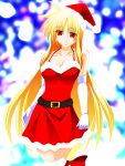  absurdres belt blonde_hair bow breasts christmas cleavage dress elbow_gloves engo_(aquawatery) fate_testarossa female gloves hair_bow hat highres long_hair lyrical_nanoha mahou_shoujo_lyrical_nanoha mahou_shoujo_lyrical_nanoha_strikers red_eyes santa_hat smile solo thigh-highs thighhighs very_long_hair 