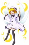  black_legwear blonde_hair bow crescent dress drill_hair fairy_wings full_body hat index_finger_raised luna_child open_mouth pink_eyes raised_finger short_hair solo thigh-highs thighhighs touhou wings yoshida_tatsumi 