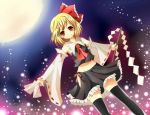  blonde_hair bow cosplay detached_sleeves hair_bow hakurei_reimu hakurei_reimu_(cosplay) looking_at_viewer mesoso miko moon red_eyes rumia short_hair skirt smile solo the_embodiment_of_scarlet_devil thigh-highs thighhighs touhou 