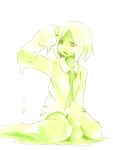  copyright_request goo_girl green highres monochrome monster_girl naked_shirt navel open_clothes open_mouth shima_(sh1mamu) short_hair simple_background sitting solo wariza 