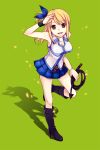  belt blonde_hair boots brown_eyes fairy_tail high_heels himaya key knee_boots looking_up lucy_heartfilia open_mouth petals ribbon salute shoes side_ponytail simple_background skirt sleeveless sleeveless_shirt smile solo whip wristband 