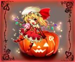  alternate_costume blonde_hair candy detached_sleeves flandre_scarlet hat highres jack-o&#039;-lantern jack-o'-lantern lollipop mesoso open_mouth red_eyes solo striped striped_legwear the_embodiment_of_scarlet_devil thigh-highs thighhighs touhou wink 