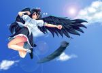  arm_up azusayumi_meme black_hair black_wings blue_sky blush cloud feathers flying hat hat_ribbon lens_flare midriff navel open_mouth outstretched_arm red_eyes ribbon shameimaru_aya shirt short_hair skirt sky solo sun touhou upskirt wings 