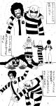 arms_up comic facepaint facial_hair gloves hamburglar hands_on_hips highres jacket leg_up lying mask mcdonald&#039;s mcdonald's monochrome mustache officer_bigmac on_stomach ronald_mcdonald smile striped thumbs_up translated translation_request x_x yaza 