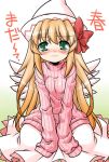  akou_roushi alternate_costume blonde_hair blush bow green_eyes hat lily_white long_hair oversized_clothes ribbed_sweater sleeves_past_wrists solo sweater tears touhou translated translation_request wings 