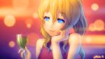  animated animated_gif bare_shoulders blinking blonde_hair blue_eyes blurry bokeh chin_rest cup depth_of_field dress eyelashes formal katawa_shoujo lips lowres manyakis mike_inel payot ponytail satou_lilly smile solo wine_glass 
