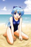  beach blue_eyes blue_hair ikawa_kanoya kneeling long_hair one-piece_swimsuit original ponytail school_swimsuit solo swimsuit 