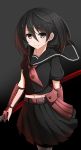  1girl akame_ga_kill! belt black_background black_eyes black_hair blush hurasukon kurome_(akame_ga_kill!) school_uniform seifuku short_hair simple_background skirt smile solo sword warrior weapon 