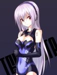  arnval_mk2 bare_shoulders bodysuit breasts busou_shinki cleavage doll_joints elbow_gloves gloves looking_at_viewer navel purple_hair red_eyes silve skin_tight solo 