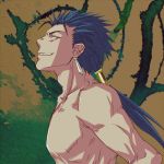  blue_hair earrings fate/stay_night fate_(series) jewelry lancer long_hair male ponytail profile red_eyes shirtless solo tofu_(joka) topless 
