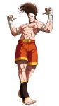  1boy abs ankle_wraps armlet barefoot big_hair brown_hair falcoon hachimaki highres joe_higashi king_of_fighters king_of_fighters_2003 male muscle official_art pectorals pointing pointing_at_self shorts snk solo topless wrist_wraps 