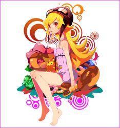  akishima_kei bakemonogatari bare_legs bare_shoulders barefoot blonde_hair doughnut dress feet goggles goggles_on_head helmet lion long_hair monogatari_(series) mouth_hold oshino_shinobu red_eyes sitting solo stuffed_animal stuffed_toy 