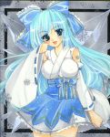  adapted_costume adult blue_eyes blue_hair blush bow breasts cirno cosplay detached_sleeves hair_bow hakurei_reimu hakurei_reimu_(cosplay) japanese_clothes kimono kimono_skirt large_bow large_breasts long_hair miko mitsuba_(threeleaf) smile snowflakes solo touhou traditional_media very_long_hair wings 