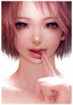  :p absurdres airspace bust face finger_to_mouth hands highres lips looking_at_viewer open_mouth original pink_hair purple_eyes realistic short_hair simple_background smile solo tongue tongue_out violet_eyes 