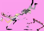  1girl angry blonde_hair cosplay durarara!! filia_ul_copt fishnet_legwear fishnet_stockings fishnets glasses heart heiwajima_shizuo heiwajima_shizuo_(cosplay) long_hair lyxu orihara_izaya orihara_izaya_(cosplay) parody pointy_ears ponytail purple_background purple_hair ribbon road_sign sign slayers slayers_try smile tail thigh-highs thighhighs xelloss 