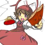  :d alternate_hair_color blush_stickers brown_hair dress eel fan fish food foreshortening hat holding kabayaki lamprey lowres meat mystia_lorelei open_mouth paper_fan pink_eyes radiance short_hair smile solo touhou translated uchiwa wings yakitori 