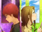  1girl brown_hair cellphone cloud digimon digimon_adventure face izumi_koushirou light_smile mimxxpk night night_sky phone profile red_hair redhead sky star_(sky) starry_sky tachikawa_mimi teenage window 