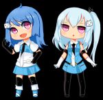  2girls ahoge aqua_hair armband bare_shoulders bili_bili_douga bili_girl_22 bili_girl_33 black_legwear blue_hair chibi elbow_gloves gloves hair_ornament hand_on_hip hips lowres multiple_girls necktie no_nose open_mouth pantyhose pink_eyes red_eyes siblings side_ponytail sisters taev thigh-highs thighhighs 