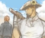  adon casual cloudy_sky flower hair_down hat hat_flower hikage_mono jacket multiple_boys multiple_girls neckerchief no_pupils pole red_hair redhead sagat shaded_face straw_hat street_fighter walking wrist_wraps 
