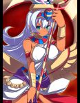  1girl ankh armlet beads between_breasts bracelet breasts dark_skin dress earrings egyptian green_eyes headdress isis_(shinrabanshou) jewelry katami_shinta large_breasts looking_at_viewer low_wings neck_ring pointy_ears shinrabanshou smile solo staff white_hair wings 