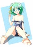  bare_shoulders barefoot blush collarbone feet flat_chest foreshortening glasses green_eyes green_hair highres hio_raichi kyou_ami! nirap one-piece_swimsuit open_mouth school_swimsuit short_hair sitting smile soles solo swimsuit toes wet 