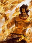  angry arisue_kanako belt black_hair black_pants bruise fiery_background fire flame freckles injury jewelry long_hair male muscle necklace one_piece pants portgas_d_ace shirtless solo topless yellow_eyes 