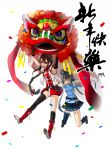  absurdres black_hair bow character_request dragon gloves grey_hair highres ling_caiyin lion_dance luo_tianyi mismatched_legwear multiple_girls new_year otaku_(artist) red_eyes skirt thighhighs twintails vocaloid yayin_gongyu yuezheng_ling 