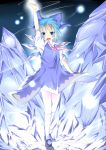  absurdres arm_up blue_eyes blue_hair cirno fang highres ice kneehighs looking_at_viewer mary_janes open_clothes open_mouth shoes short_hair solo toito touhou wakagi_repa white_legwear wings 