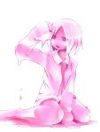  copyright_request goo_girl highres monochrome monster_girl naked_shirt navel open_clothes open_mouth purple shima_(sh1mamu) short_hair simple_background sitting solo wariza 