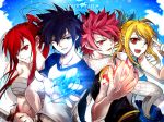  black_hair blonde_hair blue_eyes brown_eyes earrings erza_scarlet everyone fairy_tail fire gray_fullbuster ice jewelry lucy_heartfilia natsu_dragneel pink_hair ponytail red_eyes red_hair redhead ribbon sarashi scarf side_ponytail smile spiked_hair spiky_hair sword t-shirt tattoo vest weapon 
