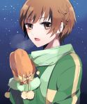  alternate_hairstyle bad_id braid breath brown_eyes brown_hair mittens open_mouth persona persona_4 reeco3 satonaka_chie scarf short_hair sky solo star_(sky) starry_sky track_jacket 