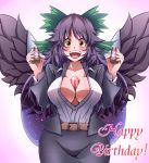  :d alternate_costume belt between_breasts big_hair black_hair black_wings bottle bow breasts buckle business_suit cape center_opening cleavage contemporary formal hair_bow hips jacket large_bow large_breasts long_hair looking_at_viewer no_bra open_clothes open_mouth open_shirt orange_eyes raised_eyebrows red_eyes reiuji_utsuho rinmei shiny shiny_skin shirt skirt skirt_set skirt_suit smile solo suit take_your_pick third_eye touhou white_shirt wide_hips wings 