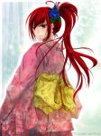  blue_rose brown_eyes earrings erza_scarlet fairy_tail flower highres japanese_clothes jewelry kimono long_hair looking_back op7777777 ponytail red_hair redhead rose solo 