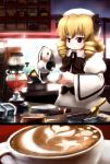  :&lt; blonde_hair bow cappccino_(drink) cappuccino cappuccino_(drink) chipika coffee coffee_beans coffee_maker_(object) contemporary crescent cup drill_hair drink hat kitchen latte_art luna_child red_eyes short_hair solo star touhou 