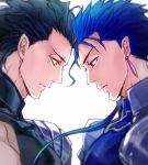  ahoge black_hair blue_hair earrings fate/stay_night fate/zero fate_(series) jewelry lancer lancer_(fate/zero) male mole multiple_boys ponytail profile red_eyes short_hair sirou69 symmetry time_paradox white_background yellow_eyes 