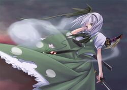  ascot dress flower green_eyes hair_ribbon hairband hitodama katana konpaku_youmu konpaku_youmu_(ghost) ribbon short_hair silver_hair solo sudakei sword torn_clothes touhou weapon 