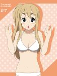  :o bikini blonde_hair blue_eyes breasts character_name cleavage ikari_manatsu k-on! kotobuki_tsumugi navel open_mouth payot polka_dot polka_dot_background ponytail solo swimsuit vulcan_salute 