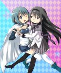  2girls ;d akemi_homura black_hair black_legwear blue_eyes blue_hair blush breasts cape cleavage elbow_gloves gloves hairband holding_hands long_hair long_sleeves mahou_shoujo_madoka_magica miki_sayaka multiple_girls open_mouth pantyhose pokopokoko short_hair skirt smile thigh-highs violet_eyes white_legwear wink 