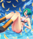  aquarion_(series) aquarion_evol blush boots breasts cleavage cleavage_cutout cloud coupe50 crop_top fang feathers green_hair midriff open_mouth purple_hair short_hair short_shorts shorts sideboob sky solo zessica_wong 
