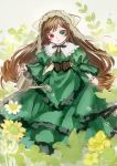  absurdres ama-tou brown_hair capelet corset dress flower green_dress green_eyes hairband heterochromia highres long_hair open_mouth red_eyes rozen_maiden solo suiseiseki watering watering_can 