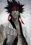  bandage bandages black_hair bust clenched_hand fist grey_eyes hairband highres leaf looking_at_viewer male maphenix mouth_hold open_clothes open_shirt rurouni_kenshin sagara_sanosuke smile solo spiked_hair spiky_hair wrist_wraps 