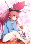  apple barefoot boots bow face feet food fruit hair_bow hands hoodie long_hair mahou_shoujo_madoka_magica nuko-d petals polearm red_eyes red_hair redhead sakura_kyouko short_shorts shorts single_shoe sitting soles solo spear toes weapon wide_ponytail wind 