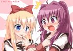  2girls :o ahoge blonde_hair blue_eyes blush bow finger_licking hair_bow hair_intakes kagerou_(kers) licking long_hair multiple_girls purple_eyes purple_hair school_uniform serafuku sugiura_ayano sweatdrop tongue tongue_out toshinou_kyouko violet_eyes yuru_yuri 