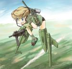  blonde_hair blue_eyes flying gloves gun hat headset m3_greasegun marine_corps mecha_musume original ov-10_bronco pixiv_thumbnail radio smoke_grenade solo striker_unit submachine_gun takanaga_kouhei vietnam weapon 