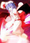  agent_(ikuoikuo) bat_wings blue_hair hat highres open_mouth pointy_ears remilia_scarlet short_hair solo spear_the_gungnir touhou v_arms wings 