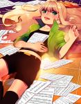  blonde_hair blue_eyes casual long_hair looking_at_viewer lying on_back open_mouth parfait_(ryunghu) seeu sheet_music shorts sleeves_rolled_up smile solo tears vocaloid 